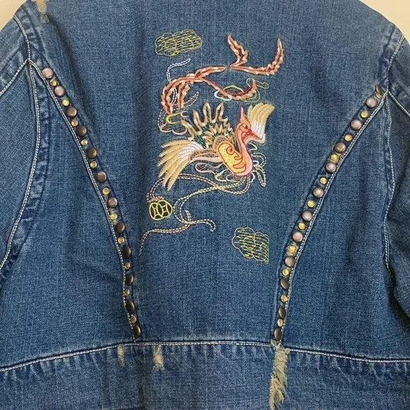 Z. Cavaricci Y2K Denim Blue Jean Bird Embroidery Distressed Button Down Jacket 4 - Picture 14 of 17